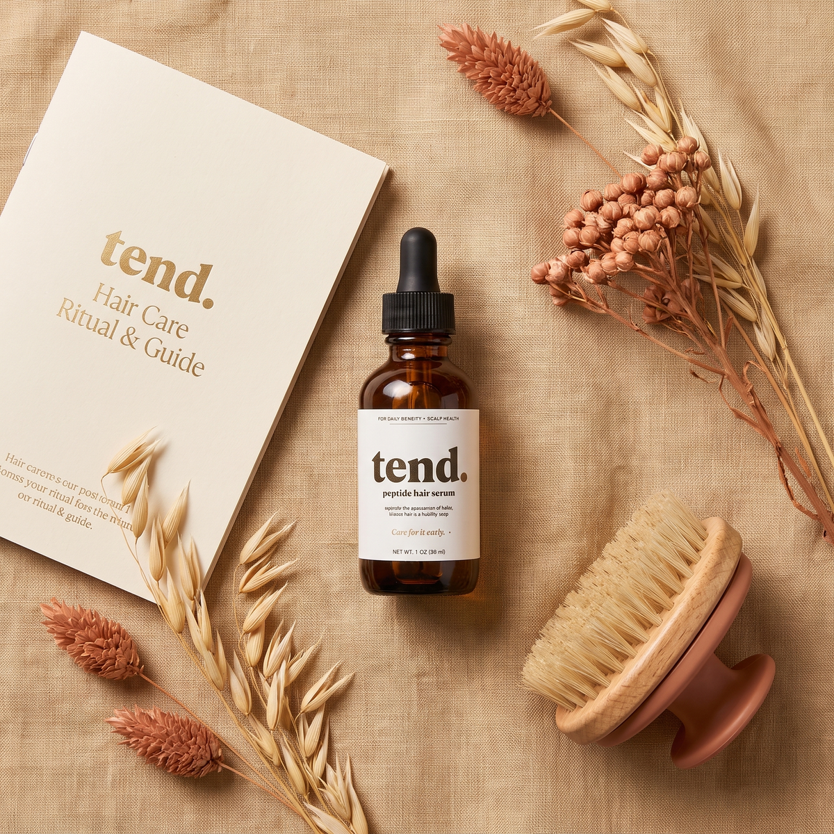 tend. peptide serum and guide flat lay